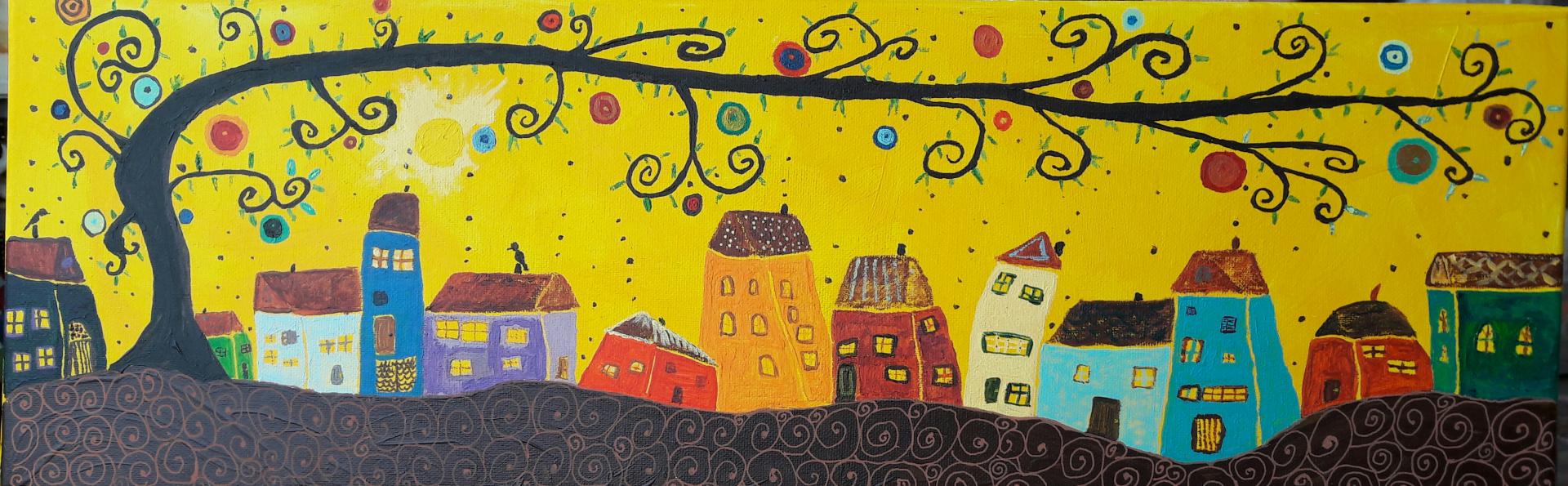 Village imaginaire, acrylique